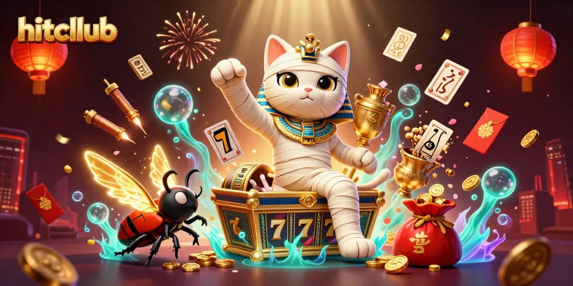 Experience hitcllub's vibrant casino adventure with a mummy cat and glowing elements revealing unexpected winnings!