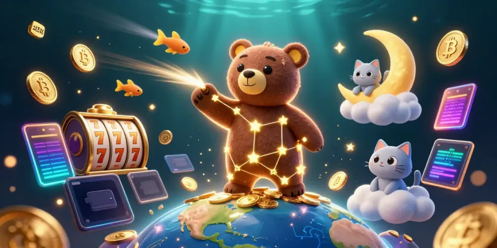 Experience thrilling slot action with golden star constellations and vibrant cryptocurrencies.