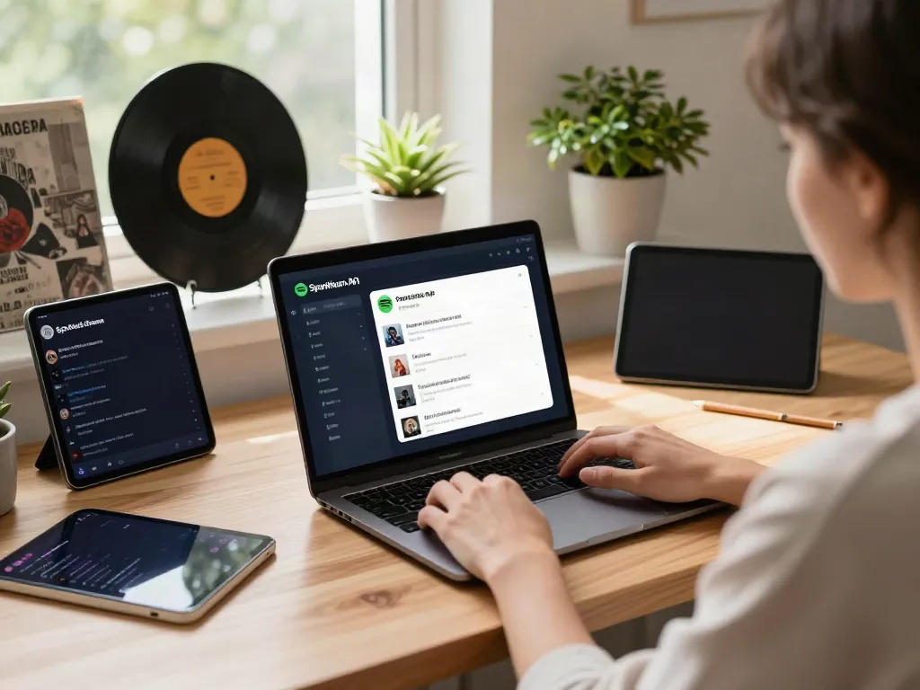 Enjoying SpotiGeek Spotify Premium APK in a stylish home office with music decor.