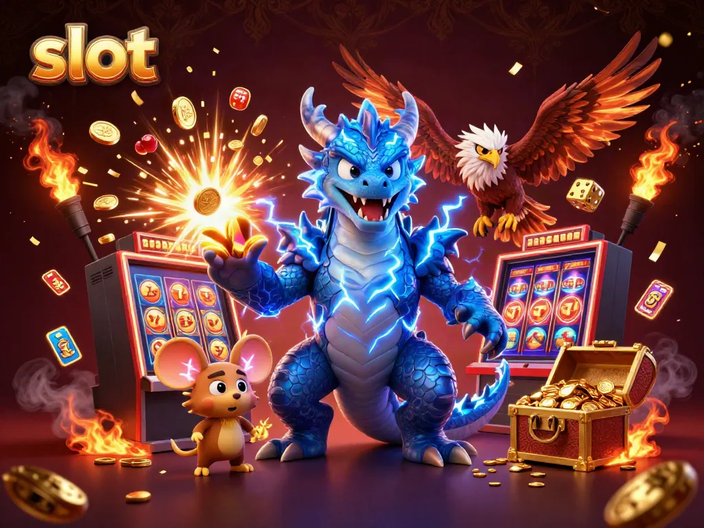 Experience the thrill of slots with a vibrant 3D illustration featuring dynamic characters and jackpot elements.