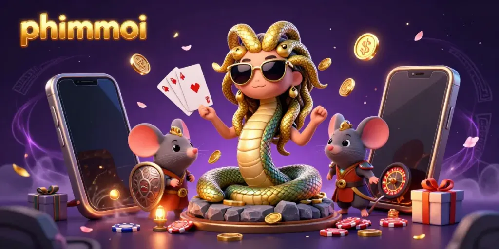 Experience lively gaming with phimmoi, featuring Medusa and a warrior mouse amidst vibrant slot games.