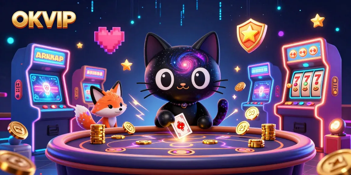Engage with OKVIP's vibrant cosmic casino scene featuring a black hole cat and nebula fox.