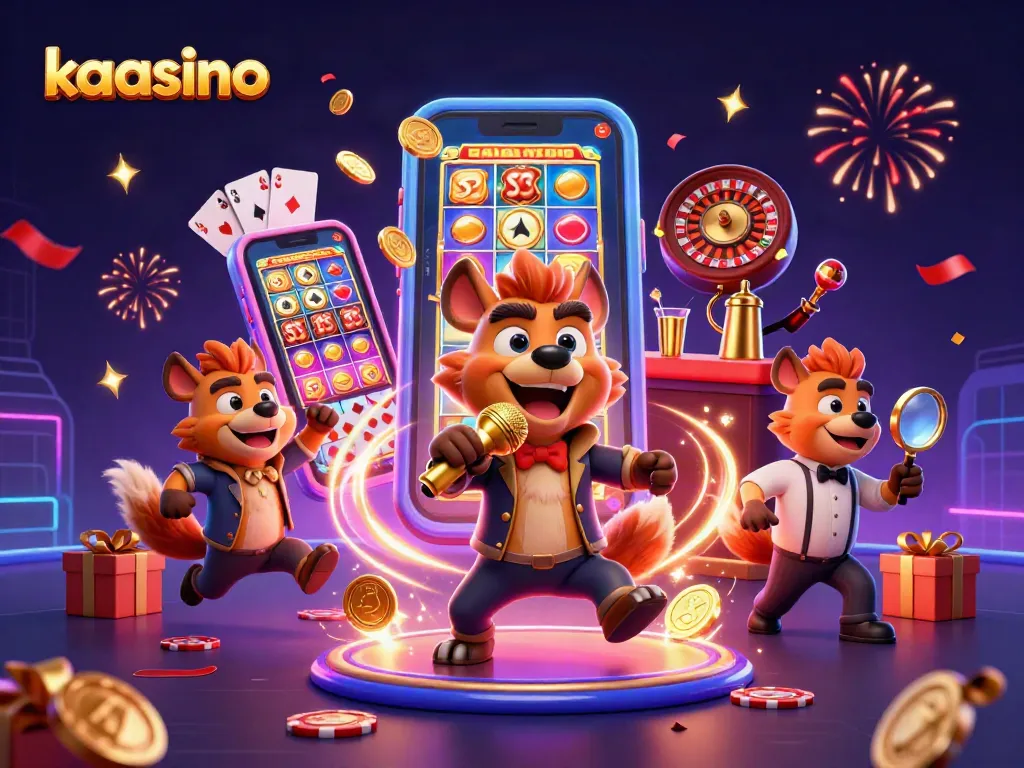 Engage with kaasino's dynamic casino scene featuring hyena characters in a vibrant comedy club atmosphere.