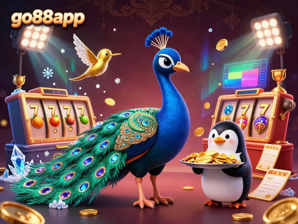 Experience thrilling gameplay with go88app as the vibrant peacock and friends illuminate a casino environment.