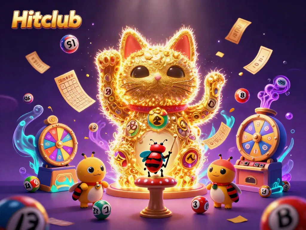 Engage with the Hitclub universe featuring a dynamic lucky cat and colorful gaming elements.