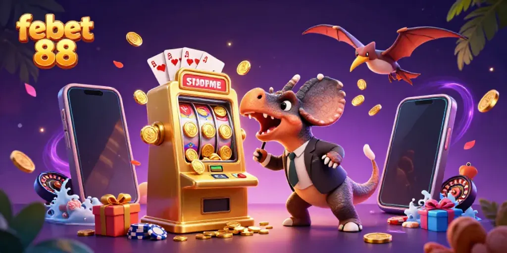 febet 88 showcases a 3D pachycephalosaurus triggering a jackpot from a golden slot machine, coins flying everywhere.