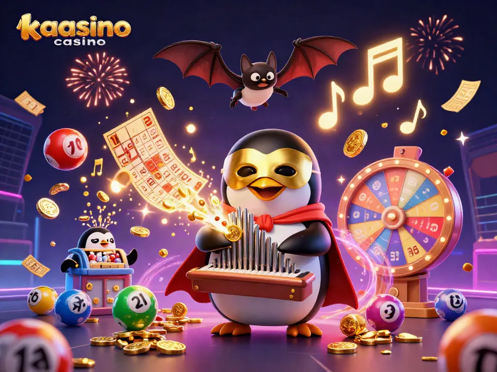 Kaasino casino offers thrilling gameplay with vibrant elements including golden coins and lottery balls in an exciting 3D scene.