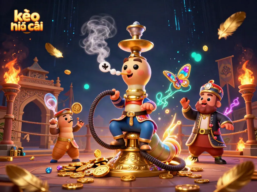 Engage with kèo nhà cái through a vibrant betting scene featuring a caterpillar hookah-master and casino elements.