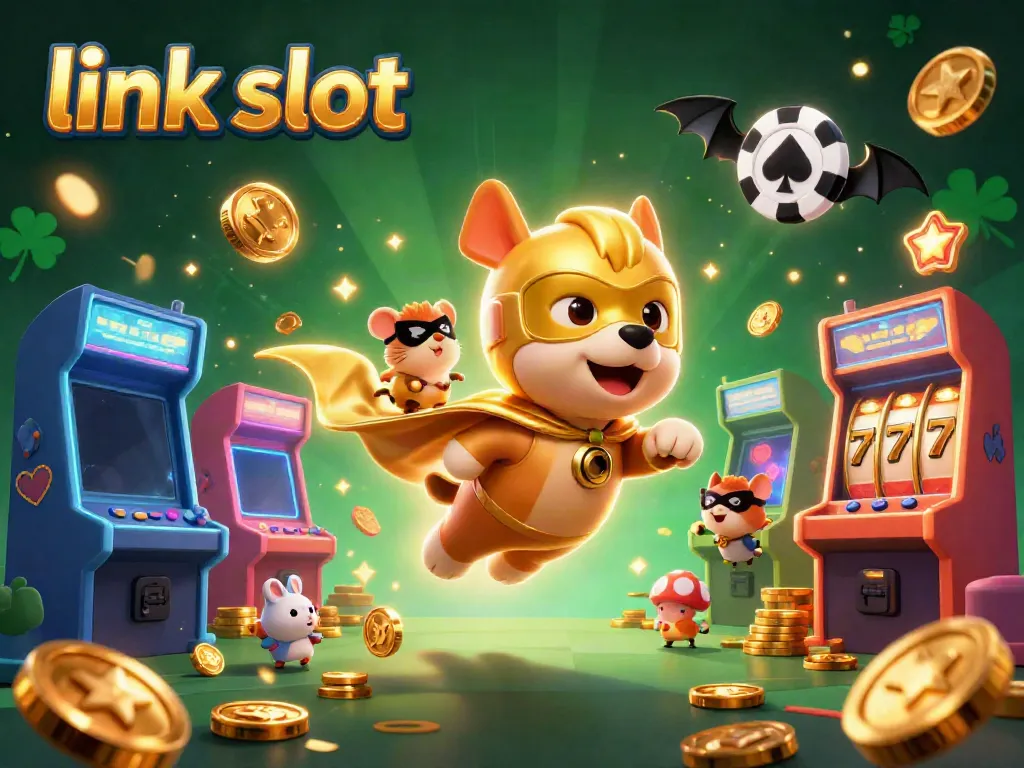 Experience thrilling moments at link slot with a superhero dog and hamster amidst vibrant casino elements.