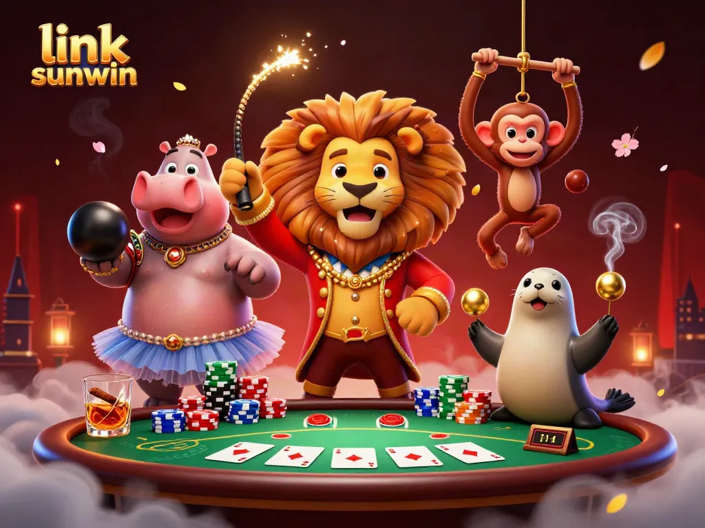 Experience excitement with link sunwin as the circus characters bring dynamic plays to life in this vibrant casino scene.