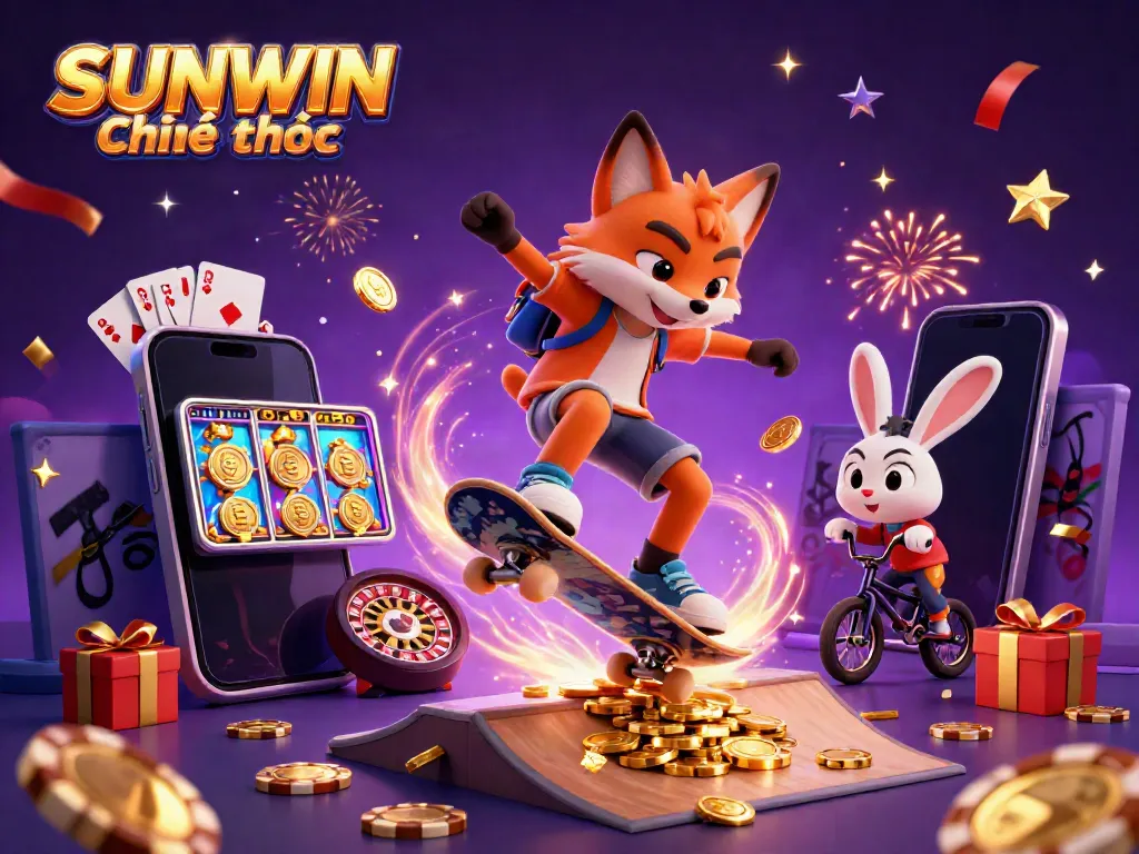 Experience excitement at SUNWIN Chính thức with a 3D cartoon skateboarder fox and BMX-riding rabbit amidst casino symbols.
