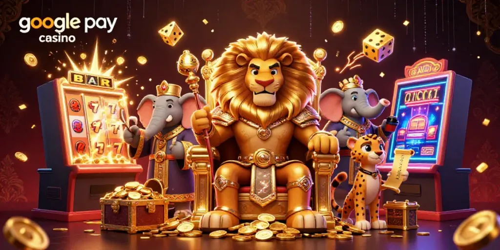 Experience winning at a google pay casino with high-energy 3D illustration of characters and slots.