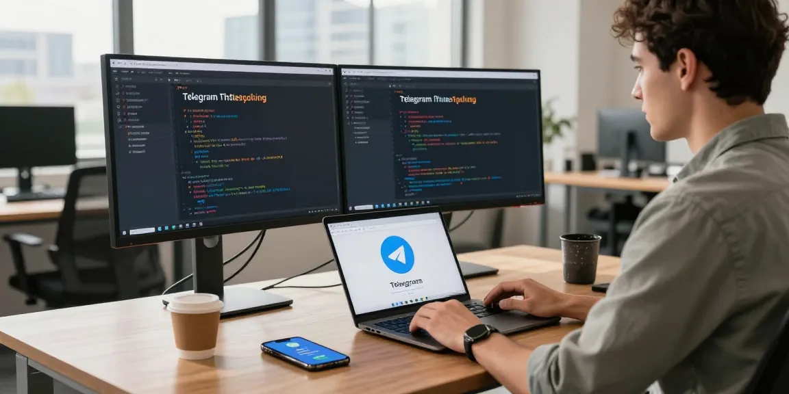 Download Telegram in a modern tech workspace showcasing a developer's productivity with coding interfaces and communication tools.