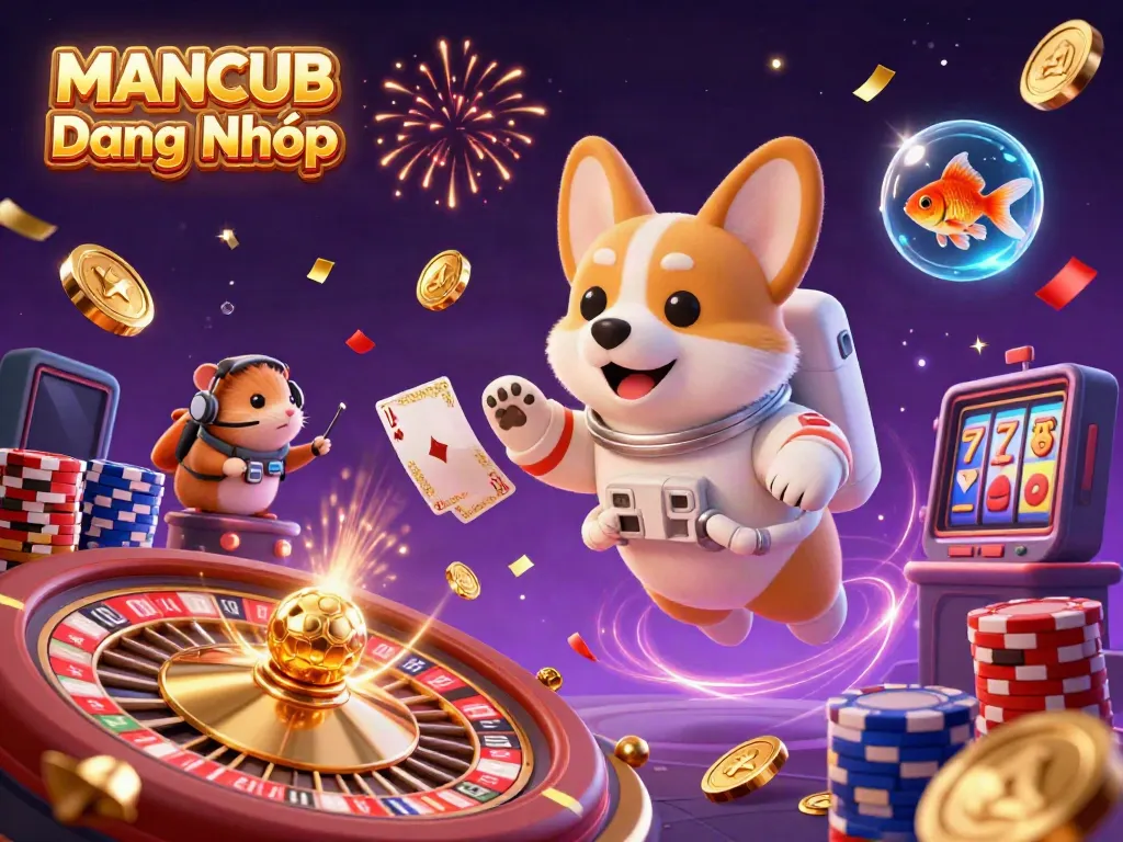 Experience MANCUB Đăng Nhập with a dynamic 3D cartoon scene showcasing a floating corgi astronaut in a lively space casino.