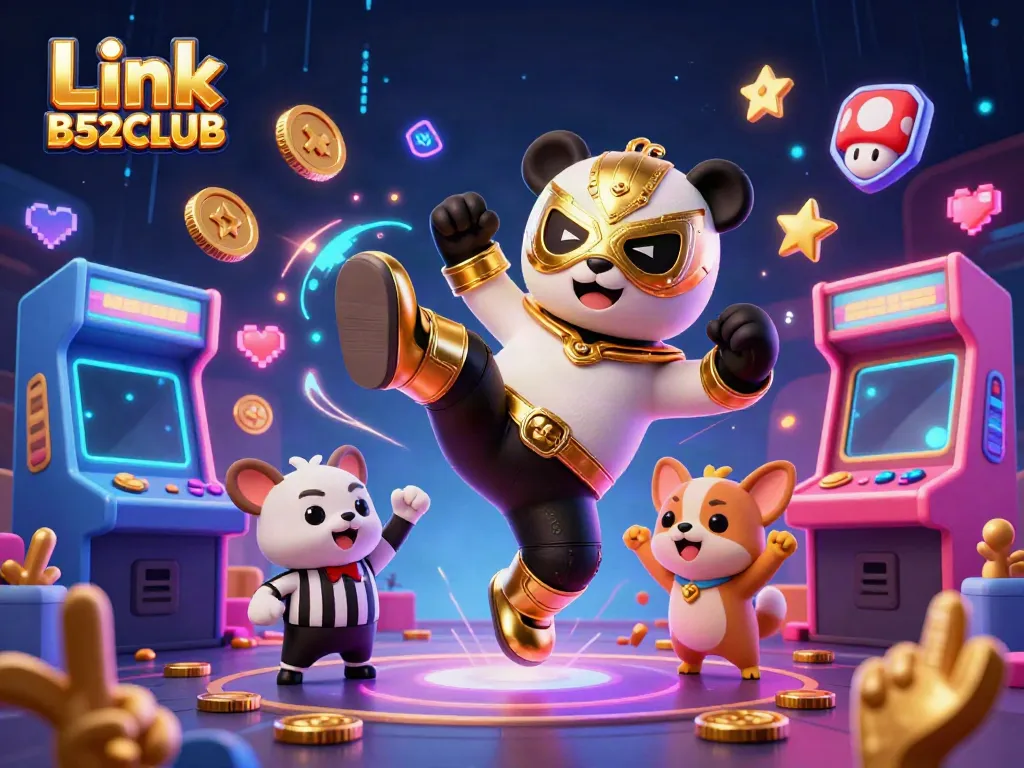 Participate in the excitement of Link B52CLUB as a panda wrestler kicks while animals cheer in a lively casino scene.