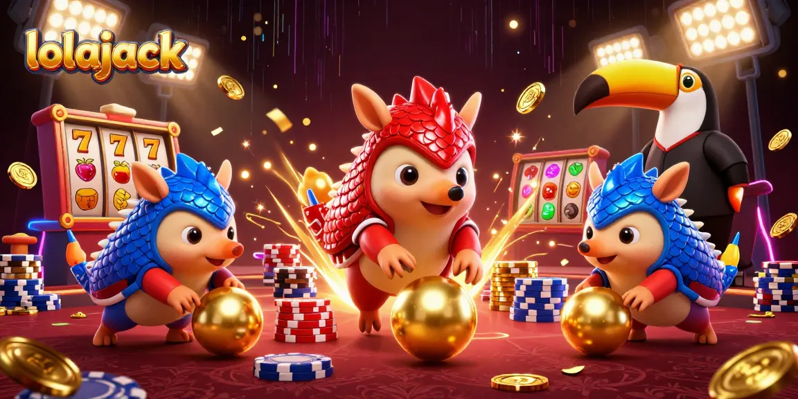Experience the thrill of slot gaming at lolajack with vibrant pangolins bowling through poker chips and slot reels.