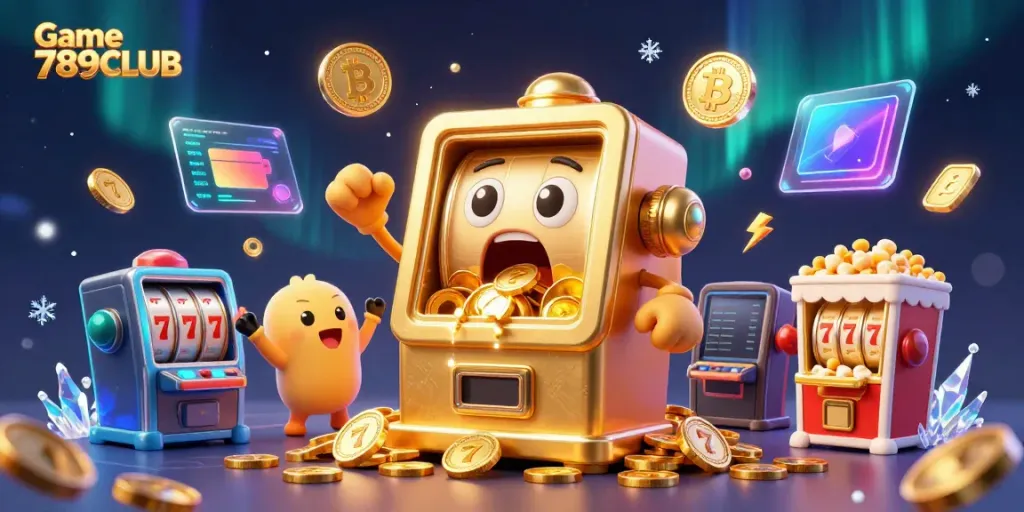 Experience the excitement of Game 789CLUB with golden slot machines celebrating a jackpot amid crypto coins.