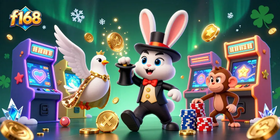 Witness the magic of f168 as a rabbit pulls golden coins, amid a vibrant casino scene.