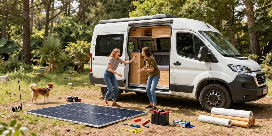 Couple enjoying their rokok88 campervan conversion project with solar panels, tools, and nature.
