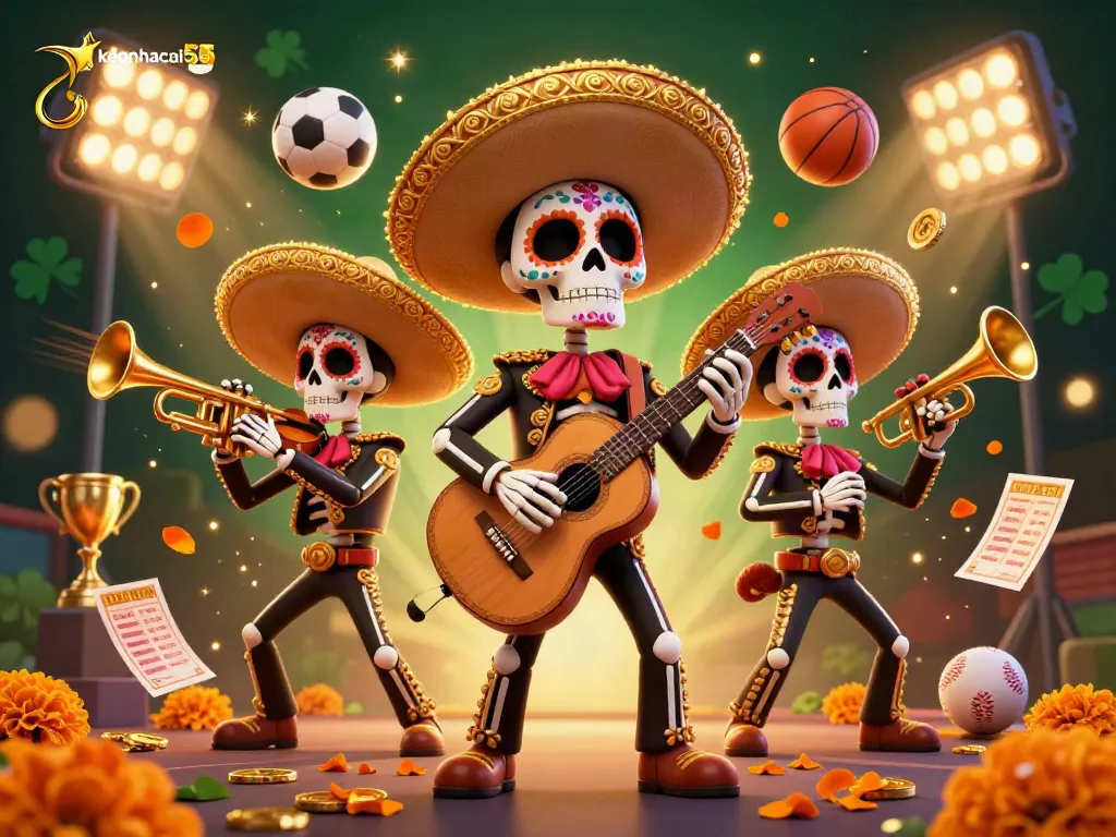 Experience the vibrant nightlife with keonhacai55, featuring a lively mariachi band and sports elements in a colorful 3D scene.