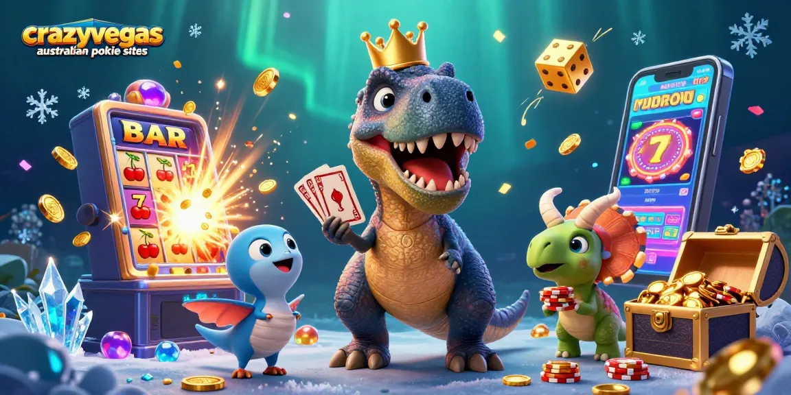Spin slots and win with crazyvegas australian pokie sites in this colorful 3D casino scene.