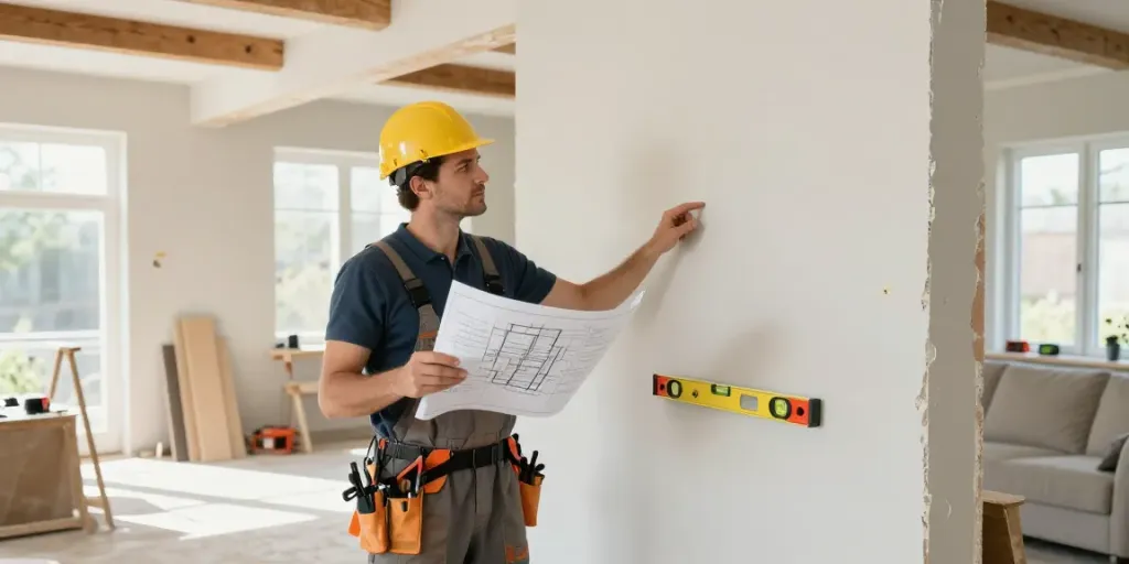 Professionele aannemer aan het werk met draagmuur laten verwijderen in een gerenoveerde woning
