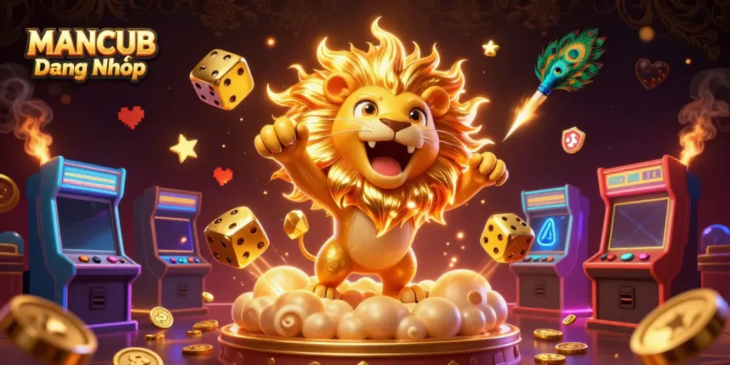 Engage in thrilling gameplay at MANCUB Đăng Nhập, surrounded by colorful game elements and golden visuals.