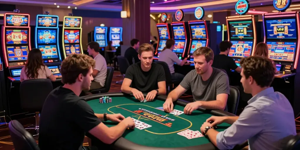 man88 online casino scene with players at vibrant gaming tables and live dealers