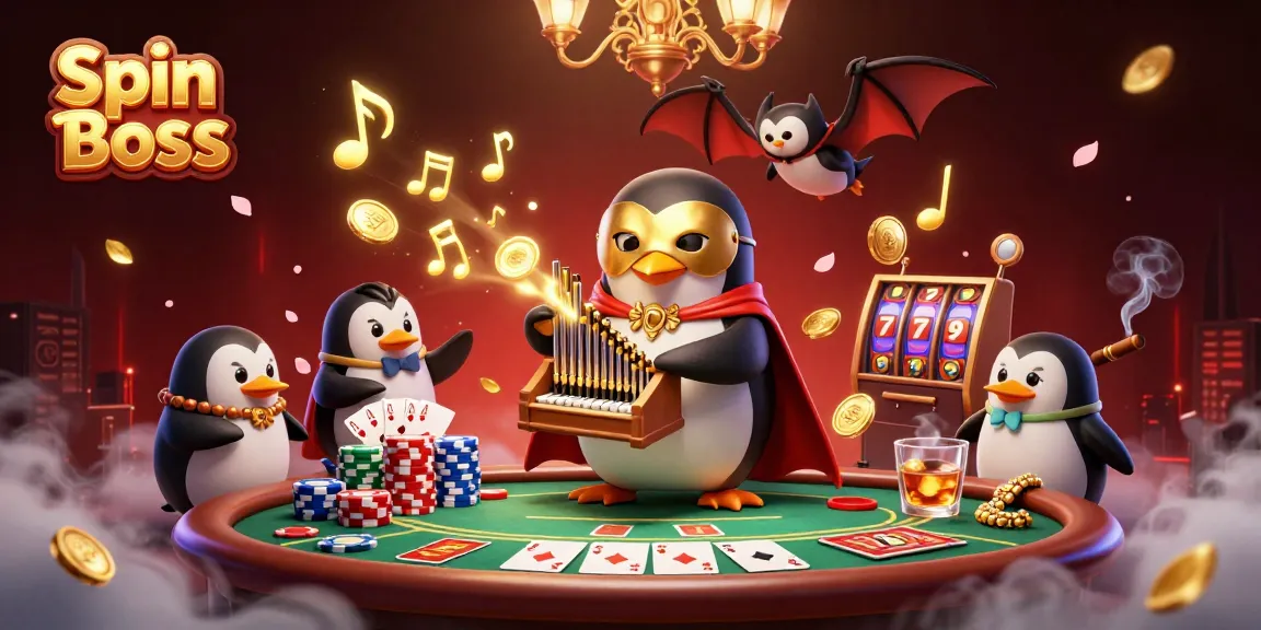 Engage with Spin Boss as a penguin plays and coins flow at an animated casino.