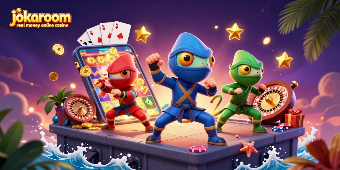 Experience the thrill of the jokaroom real money online casino with dynamic chameleon ninjas amidst colorful gaming elements.
