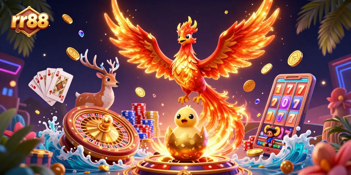 Experience thrilling gameplay with rr88, featuring a fire phoenix, baby phoenix, and mystical stag amidst cascading coins and vibrant slots.