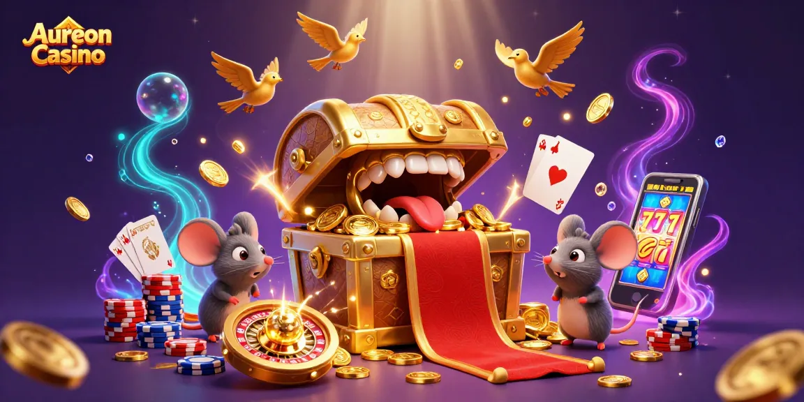 Aureon Casino features a vibrant 3D scene with a treasure chest and casino elements attracting players.