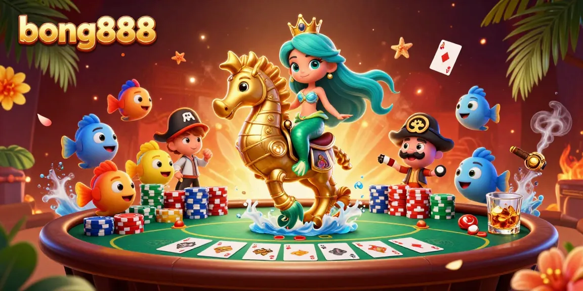 Experience the vibrant world of bong888 with a mermaid princess at a poker table surrounded by colorful sea elements.